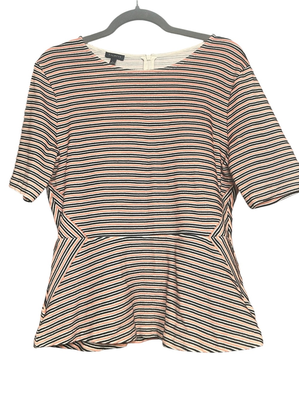 Talbots Pink, Black and White Striped Peplum Top Size Large